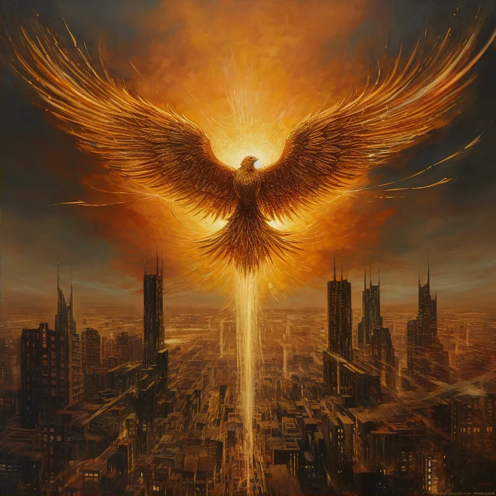 Illustration of a golden phoenix flying over a burning city - Image 2