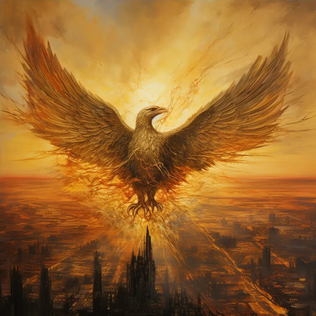 Illustration of a golden phoenix flying over a burning city - Image 4