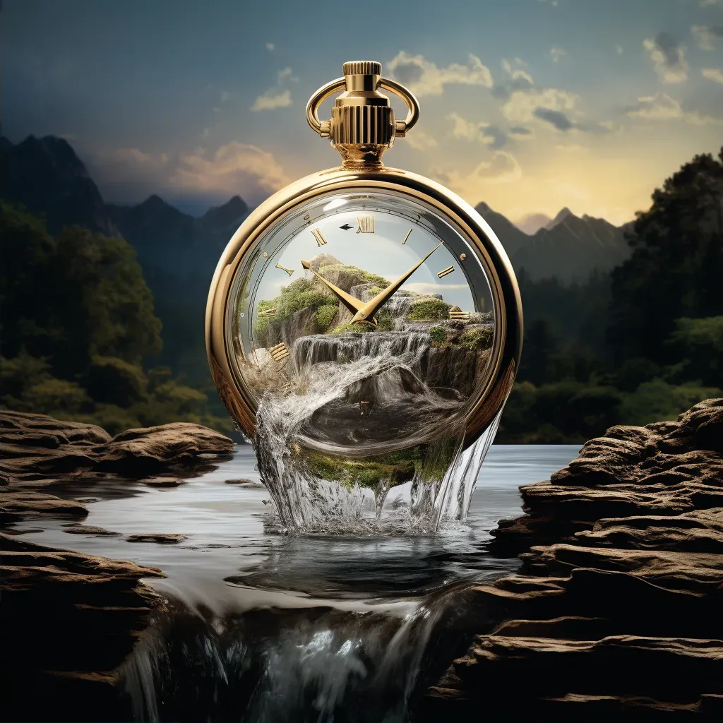 Surreal scene of a waterfall cascading from a floating pocket watch - Image 2