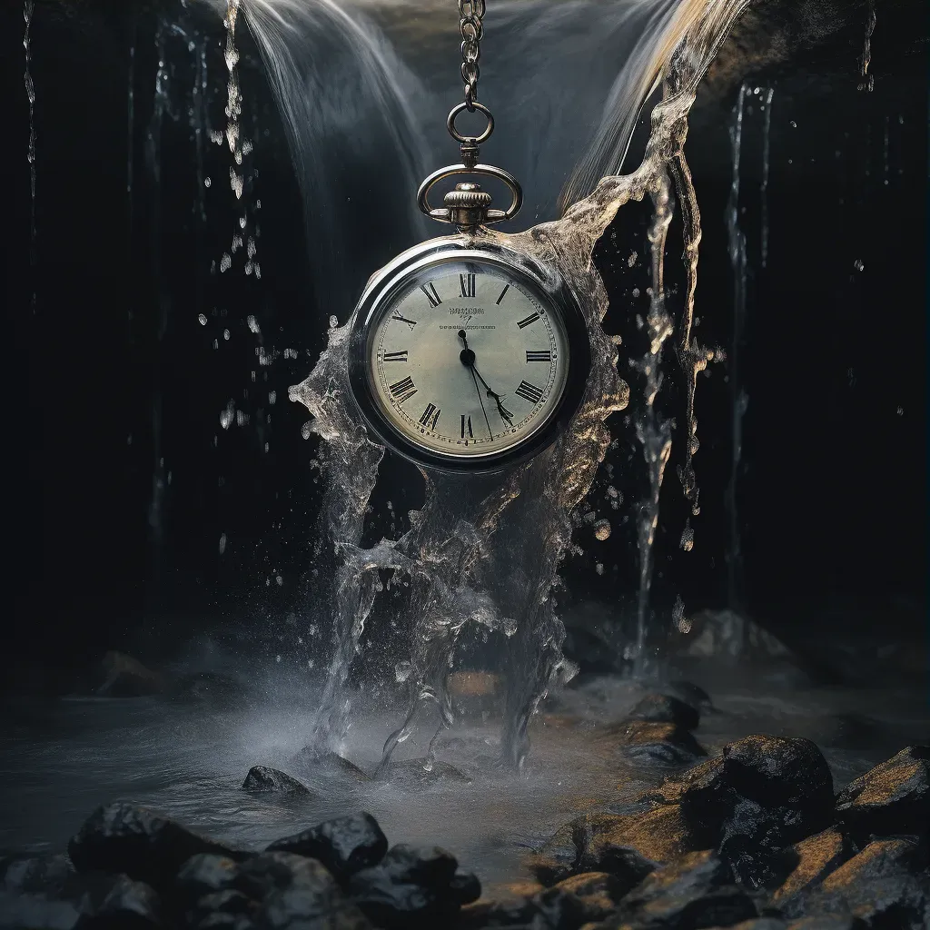 Surreal scene of a waterfall cascading from a floating pocket watch - Image 3