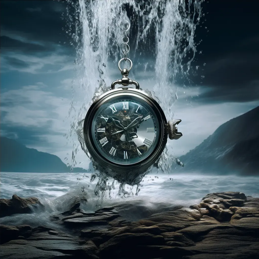 Surreal scene of a waterfall cascading from a floating pocket watch - Image 4