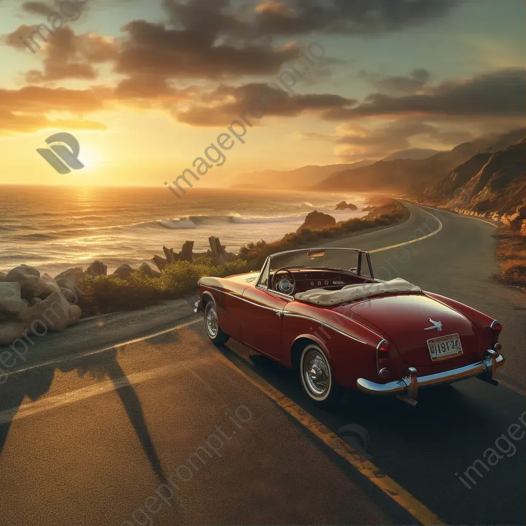 Vintage convertible car driving on coastal road at sunset with ocean in background - Image 1