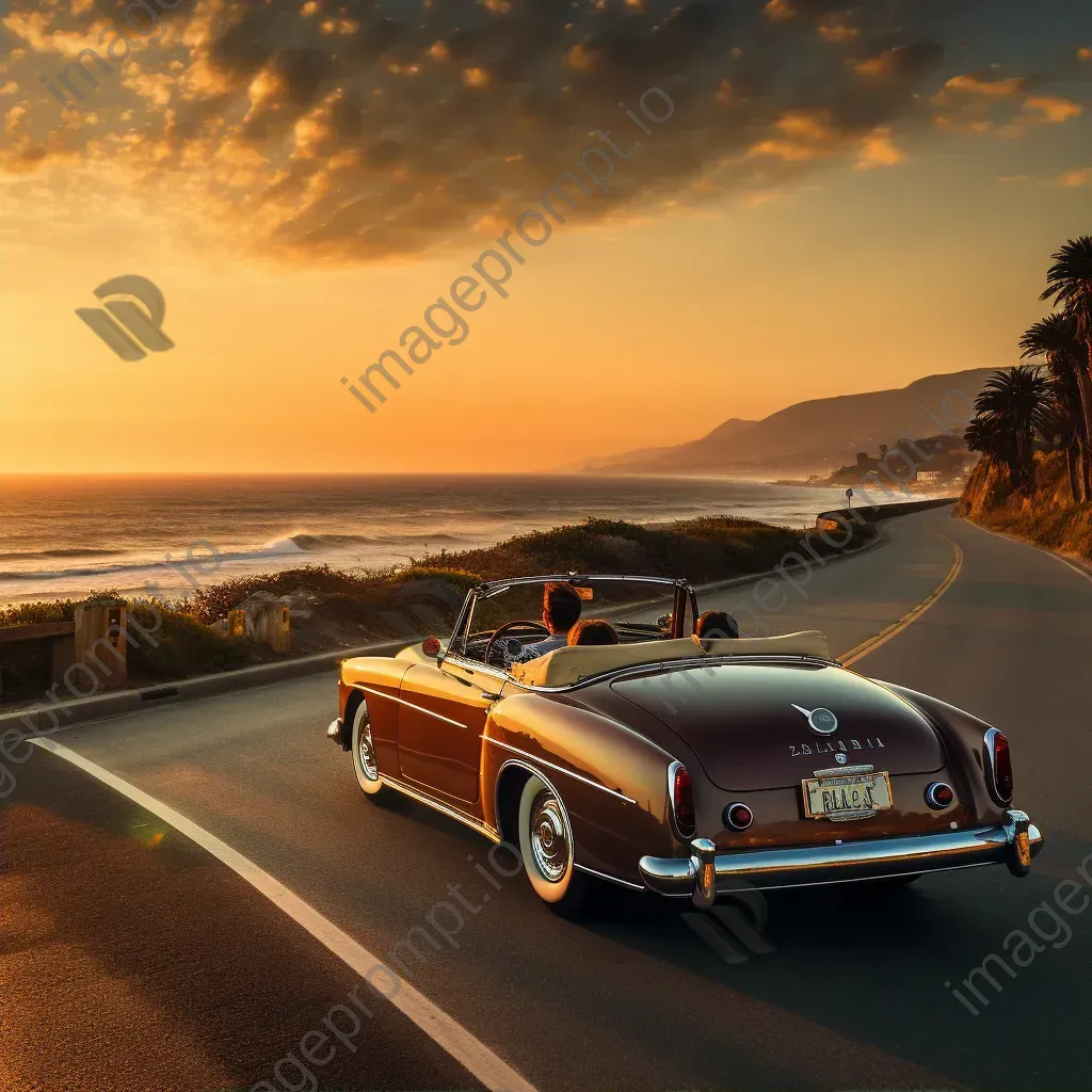 Vintage convertible car driving on coastal road at sunset with ocean in background - Image 2