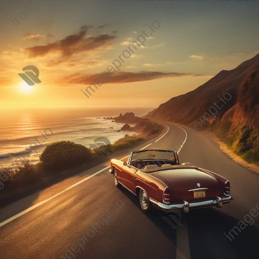 Vintage convertible car driving on coastal road at sunset with ocean in background - Image 3
