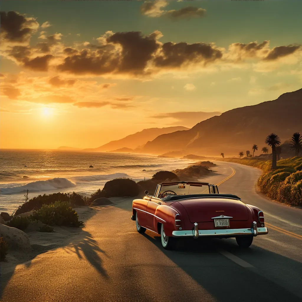 Vintage Convertible Car on Coastal Road at Sunset