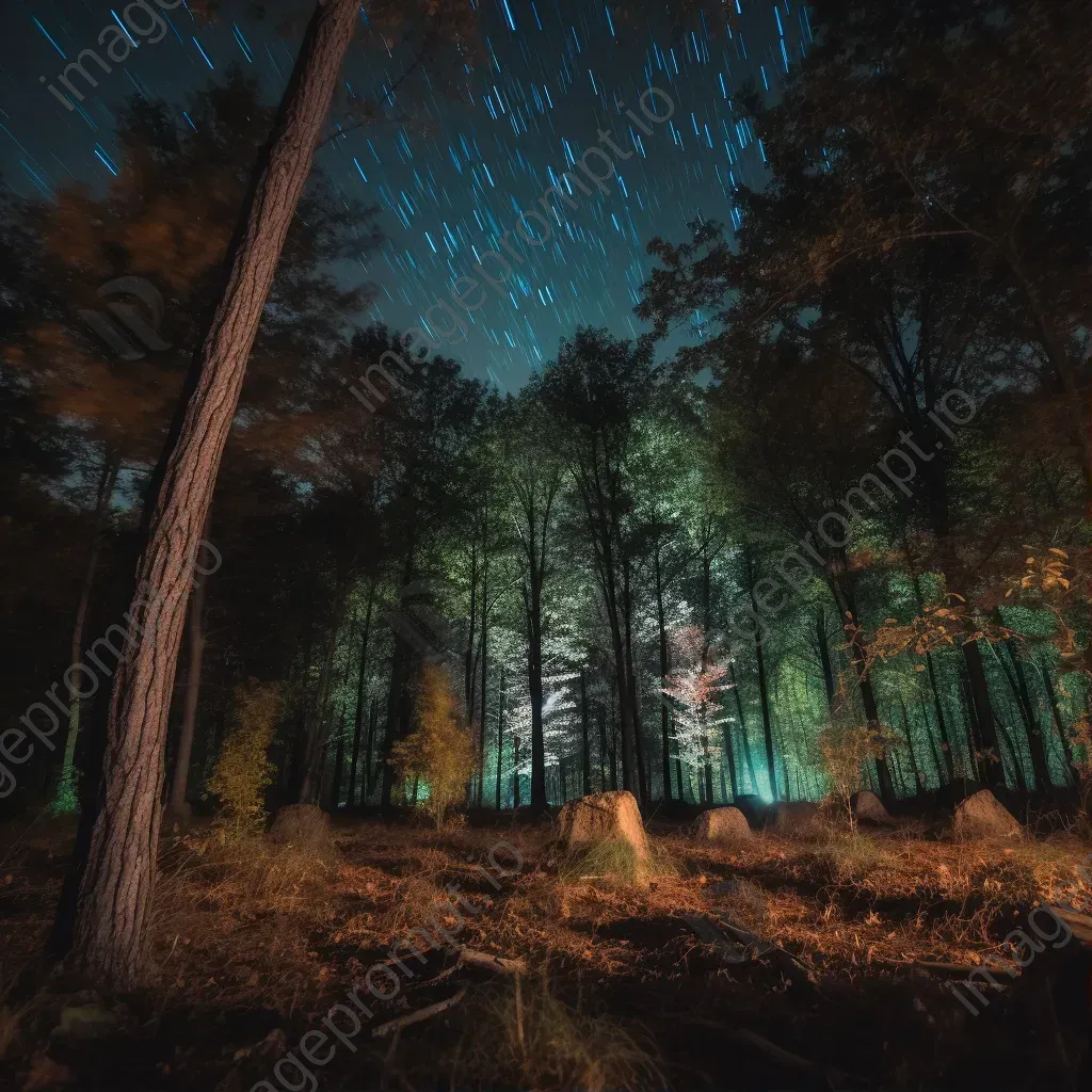 Starry night sky light painting in forest with illuminated trees - Image 1