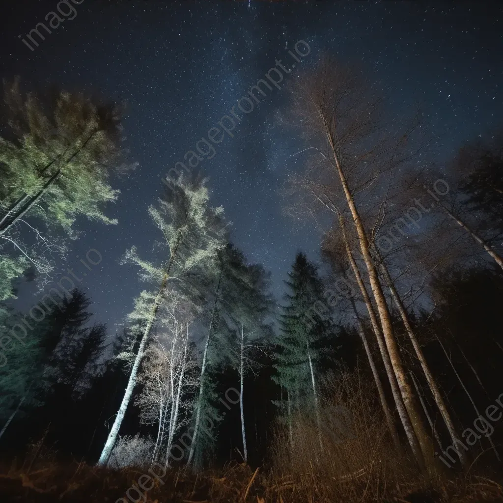 Starry night sky light painting in forest with illuminated trees - Image 3