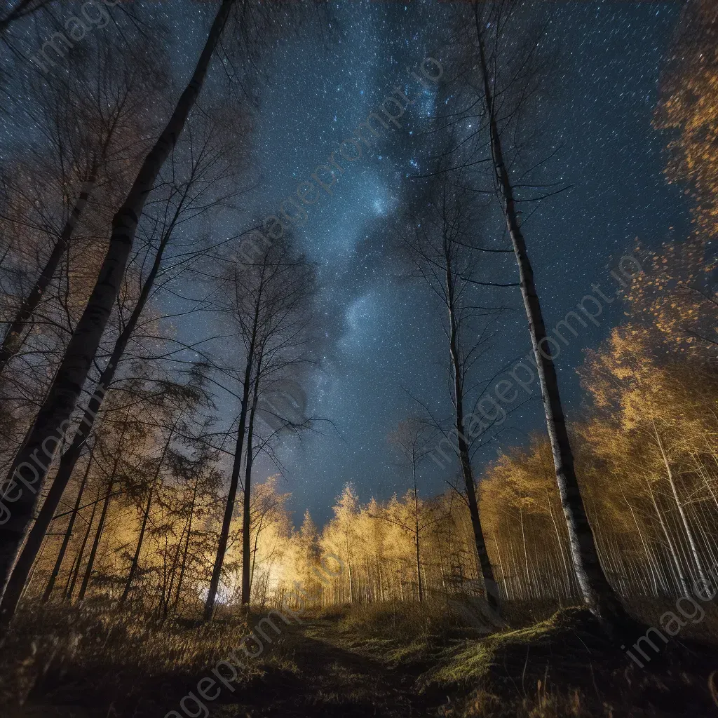 Starry night sky light painting in forest with illuminated trees - Image 4