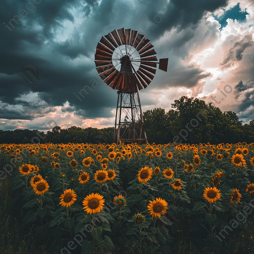 Windmill in sunflower field with dramatic sky - Image 1