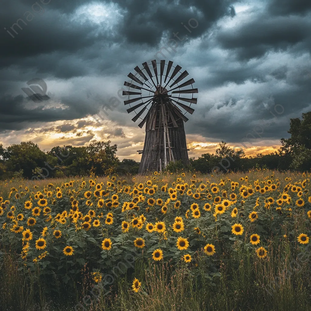 Windmill in sunflower field with dramatic sky - Image 2