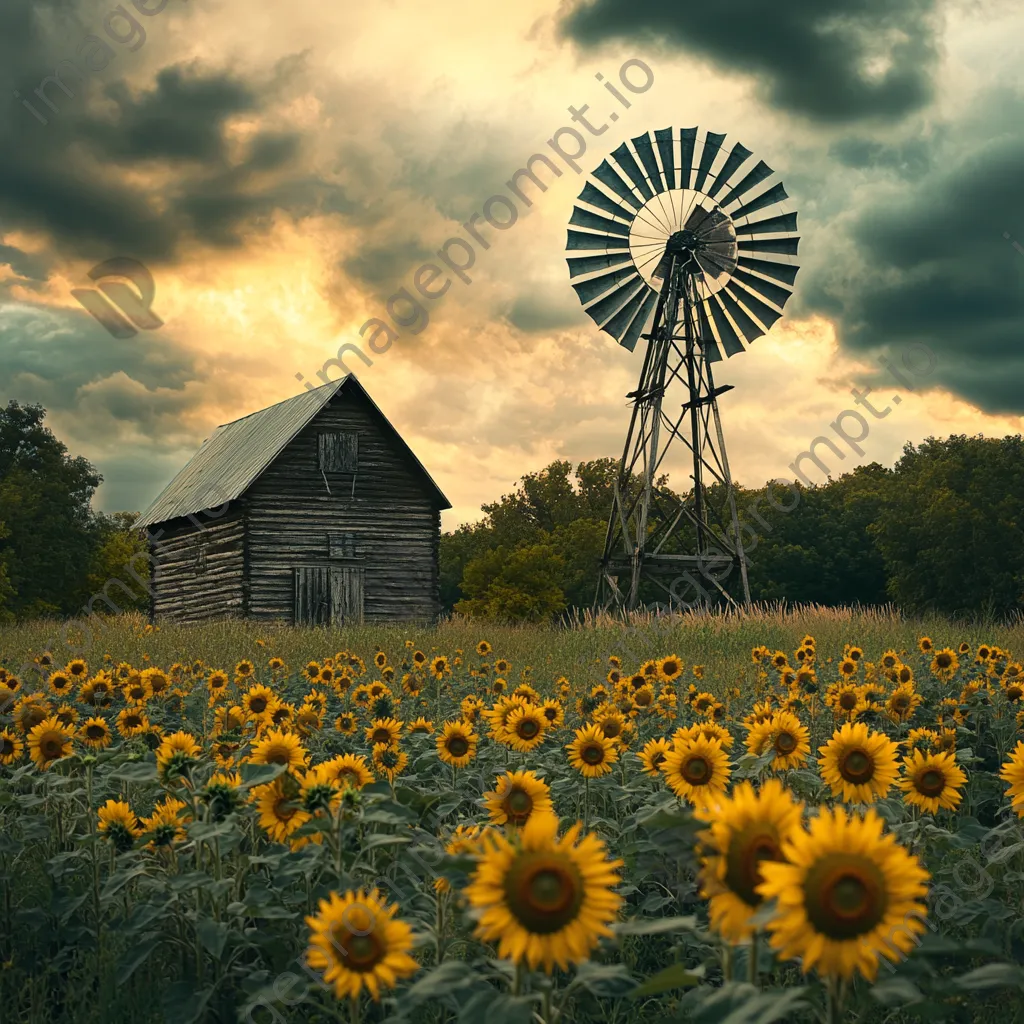 Windmill in sunflower field with dramatic sky - Image 3