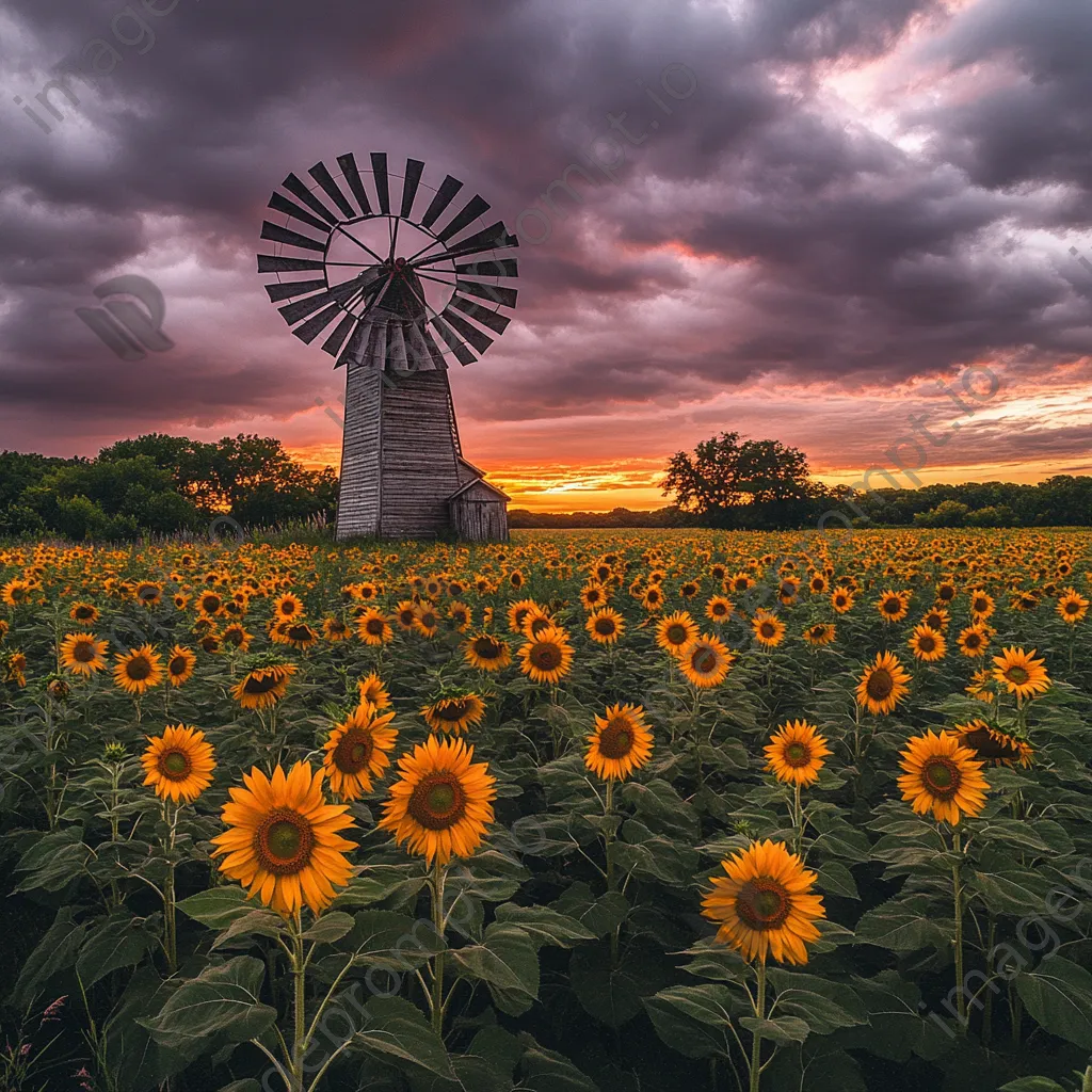 Windmill in sunflower field with dramatic sky - Image 4