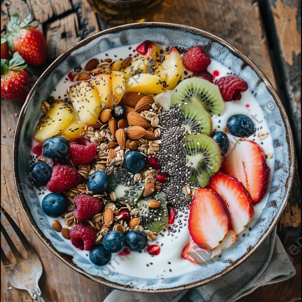 Close-up of a breakfast bowl with fruits and nuts. - Image 1