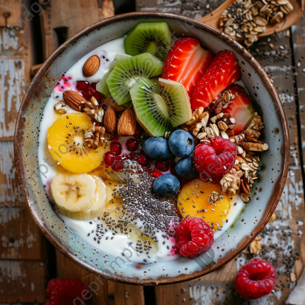 Close-up of a breakfast bowl with fruits and nuts. - Image 3