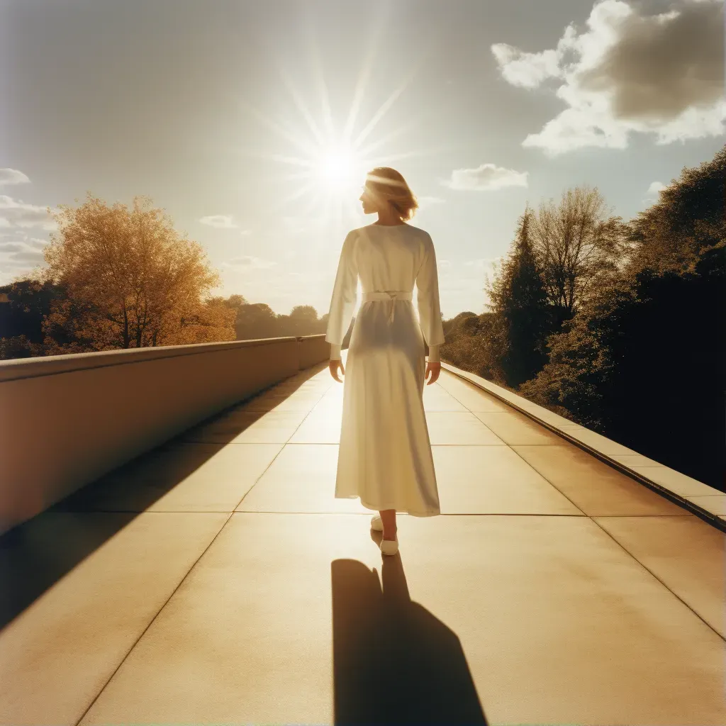 Image of a solitary figure walking towards a luminous path under a radiant sun - Image 1