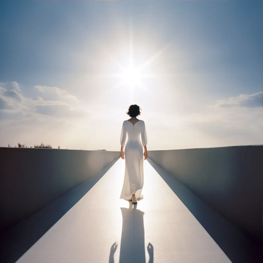 Image of a solitary figure walking towards a luminous path under a radiant sun - Image 3