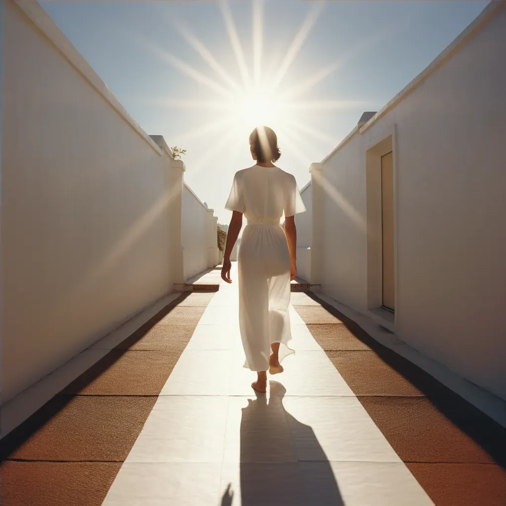 Image of a solitary figure walking towards a luminous path under a radiant sun - Image 4