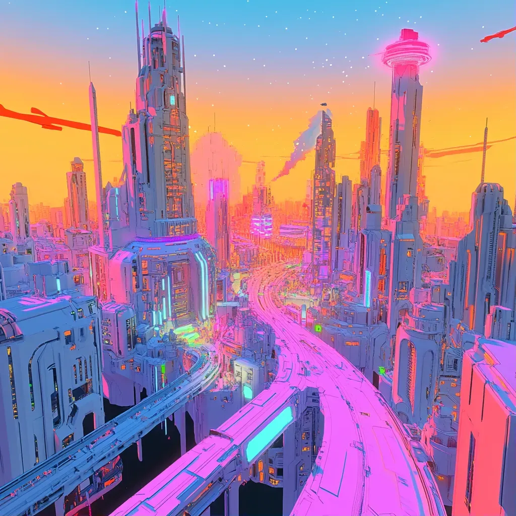 Low poly representation of a futuristic cityscape in neon colors and fluid lines - Image 1