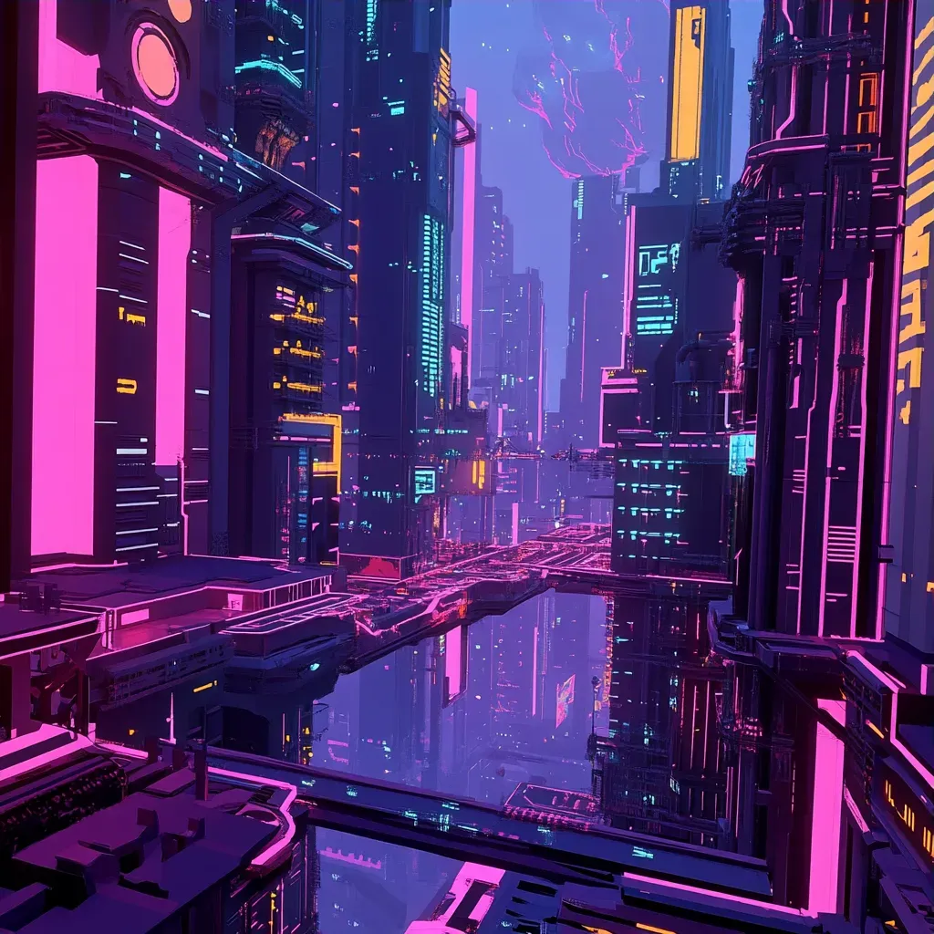 Low poly representation of a futuristic cityscape in neon colors and fluid lines - Image 3