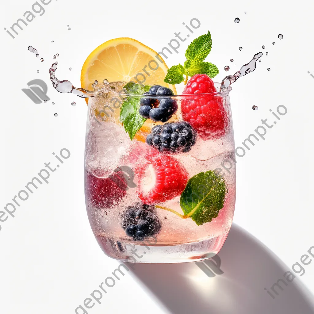 Colorful cocktail glass surrounded by ice and fruit - Image 1