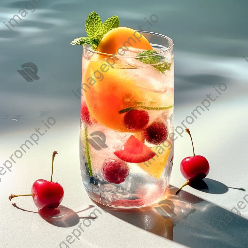 Colorful cocktail glass surrounded by ice and fruit - Image 2