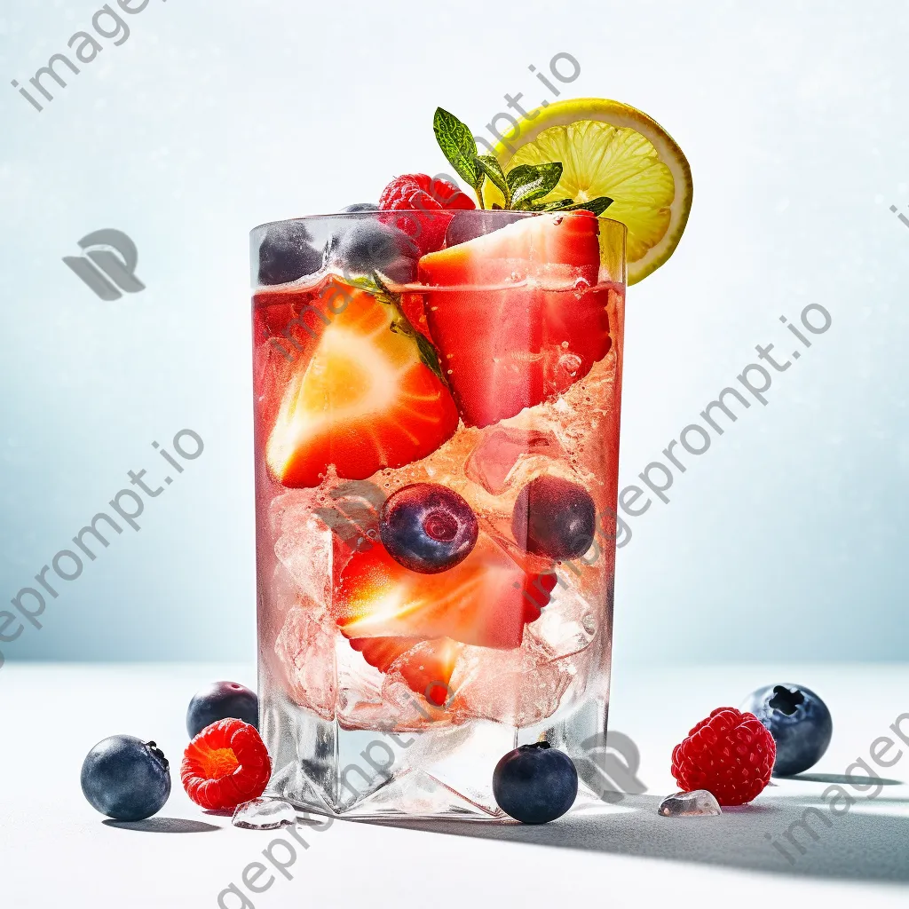 Colorful cocktail glass surrounded by ice and fruit - Image 3