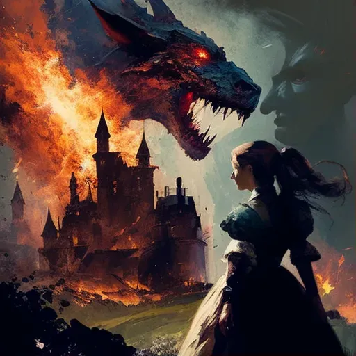 Knight battling dragon in fiery landscape - Image 1