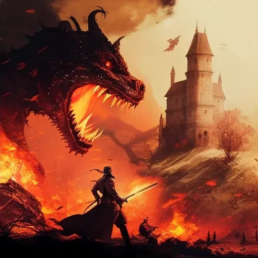 Knight battling dragon in fiery landscape - Image 2