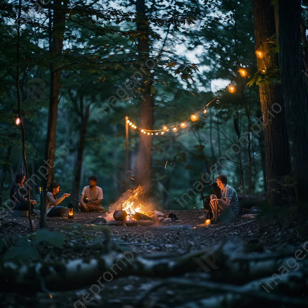 Friends roasting hot dogs by a campfire - Image 1