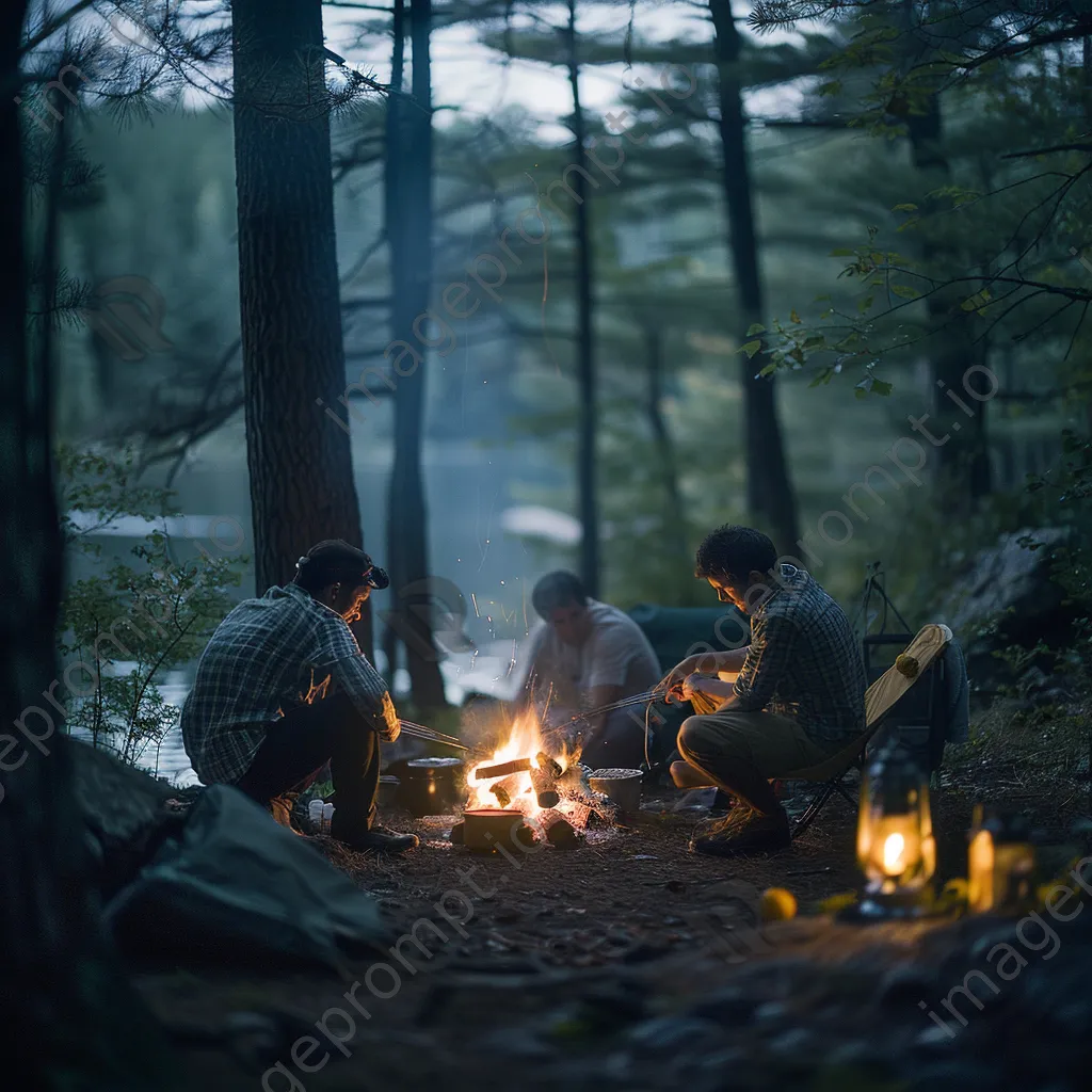 Friends roasting hot dogs by a campfire - Image 4