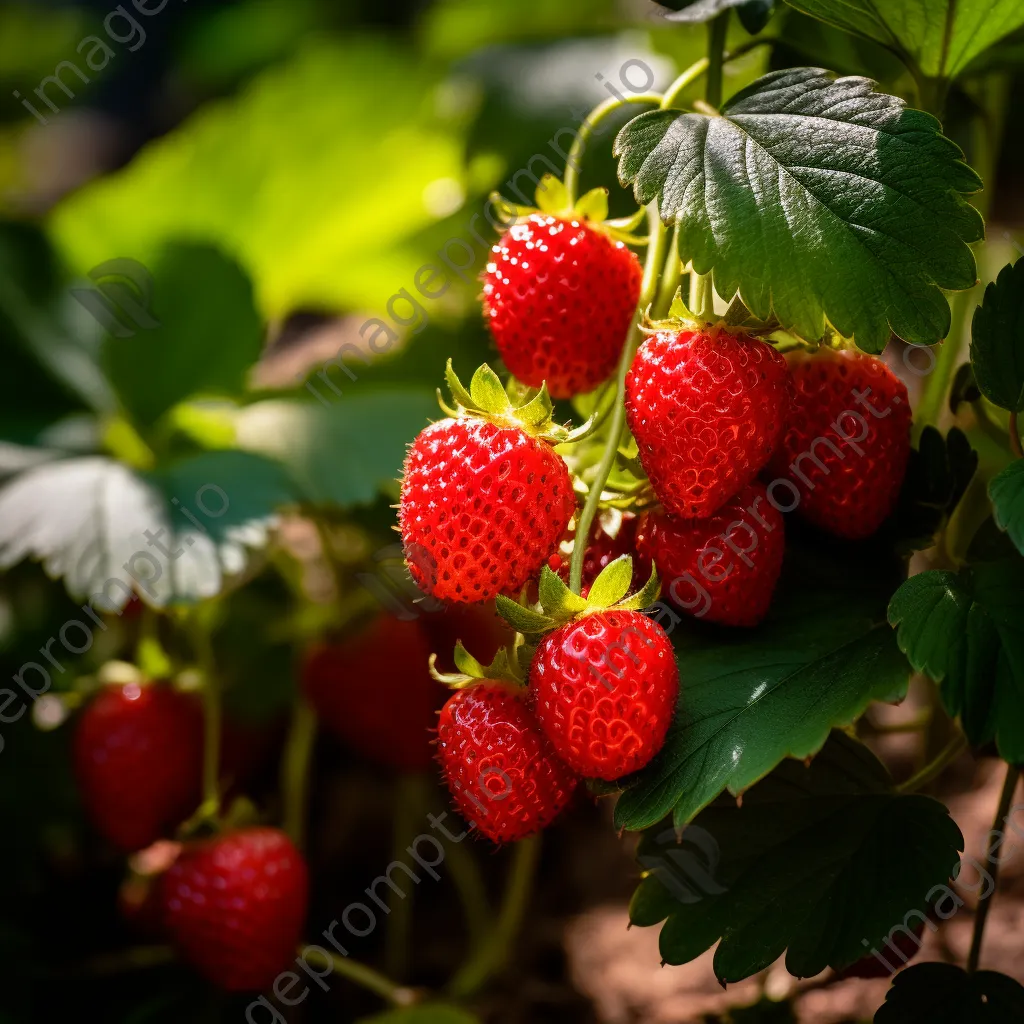 Ripe strawberries nestled in vibrant green leaves - Image 1