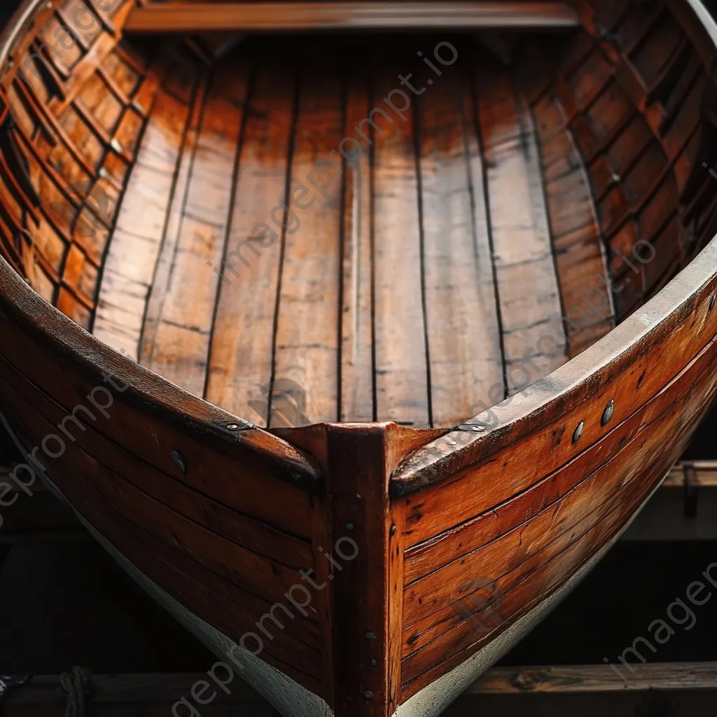 High-angle shot of a wooden boat resting on supports in natural light - Image 1