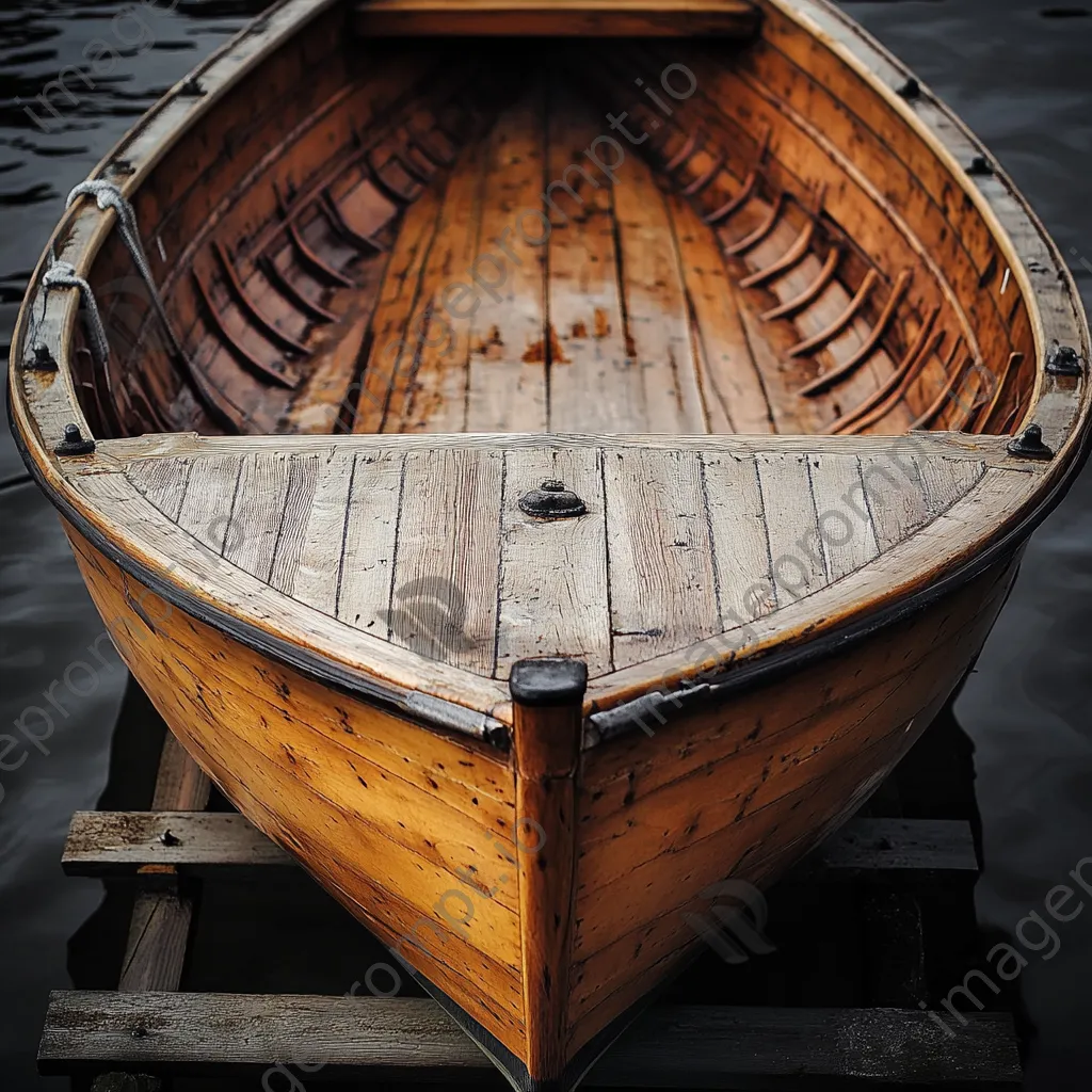 High-angle shot of a wooden boat resting on supports in natural light - Image 3