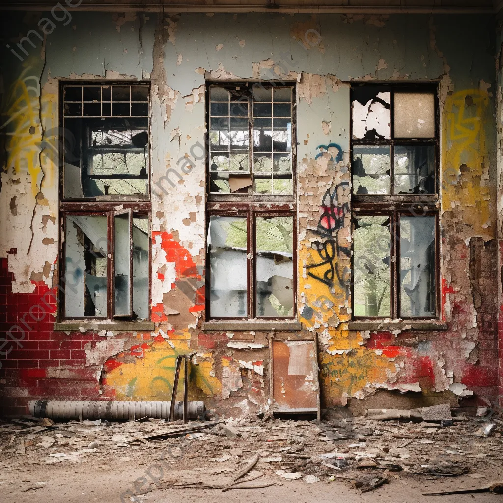 Black and white photograph of an abandoned building with peeling paint and broken windows - Image 1