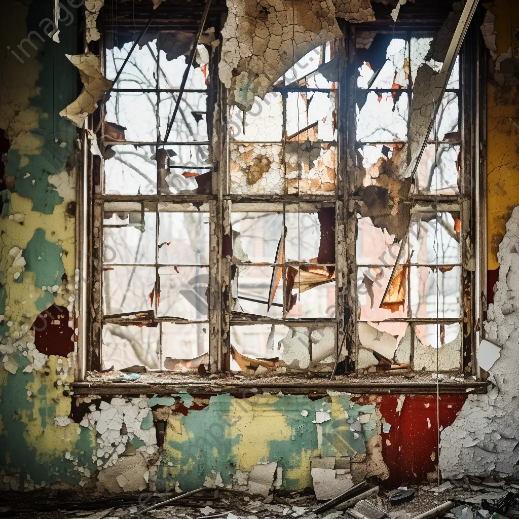 Black and white photograph of an abandoned building with peeling paint and broken windows - Image 3