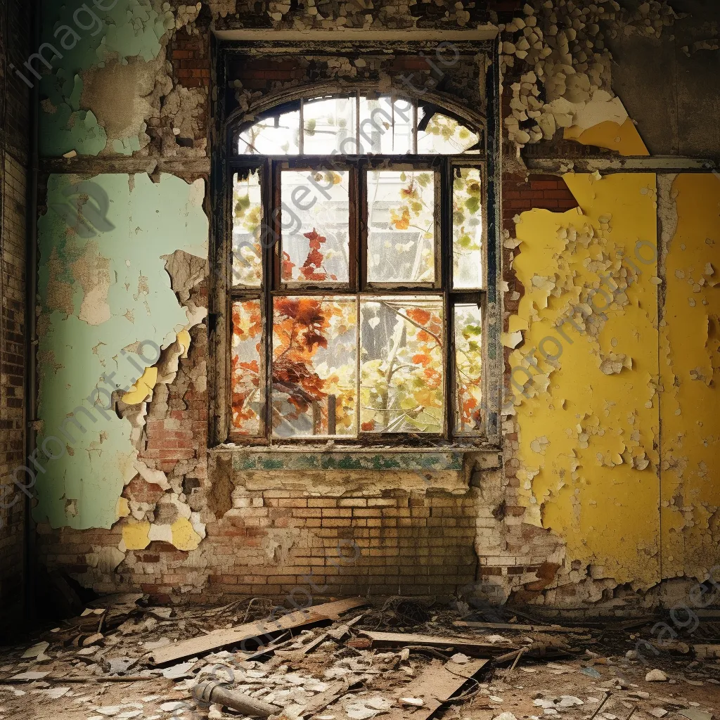 Black and white photograph of an abandoned building with peeling paint and broken windows - Image 4