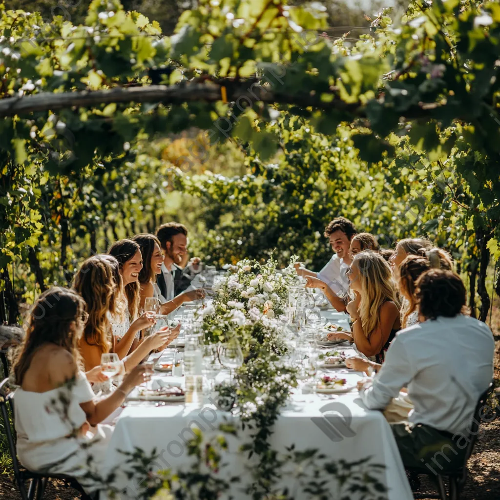 Group of friends celebrating at an elegant vineyard wedding. - Image 1