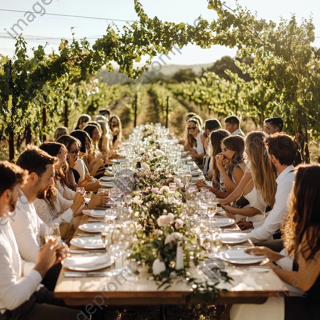 Group of friends celebrating at an elegant vineyard wedding. - Image 2