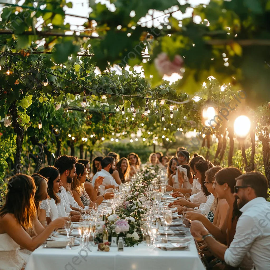 Group of friends celebrating at an elegant vineyard wedding. - Image 4