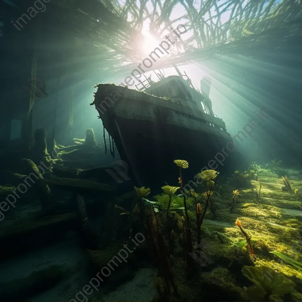 Modern shipwreck with underwater plants and sunlight underwater - Image 1