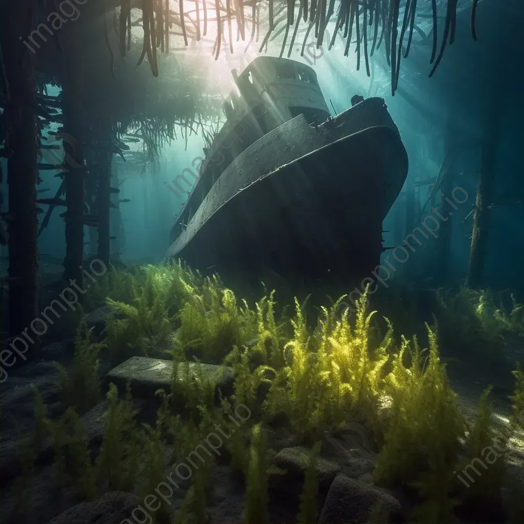 Modern shipwreck with underwater plants and sunlight underwater - Image 2