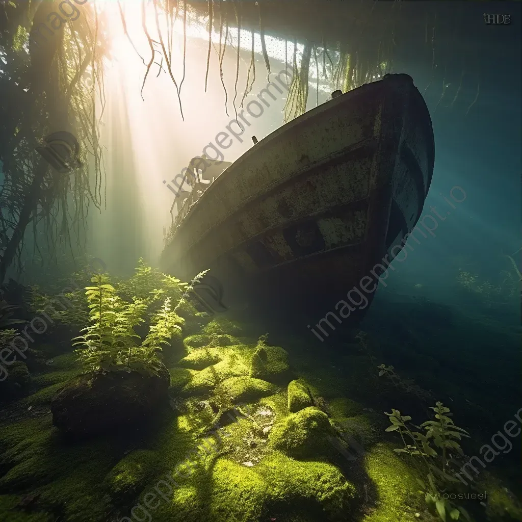 Modern shipwreck with underwater plants and sunlight underwater - Image 3