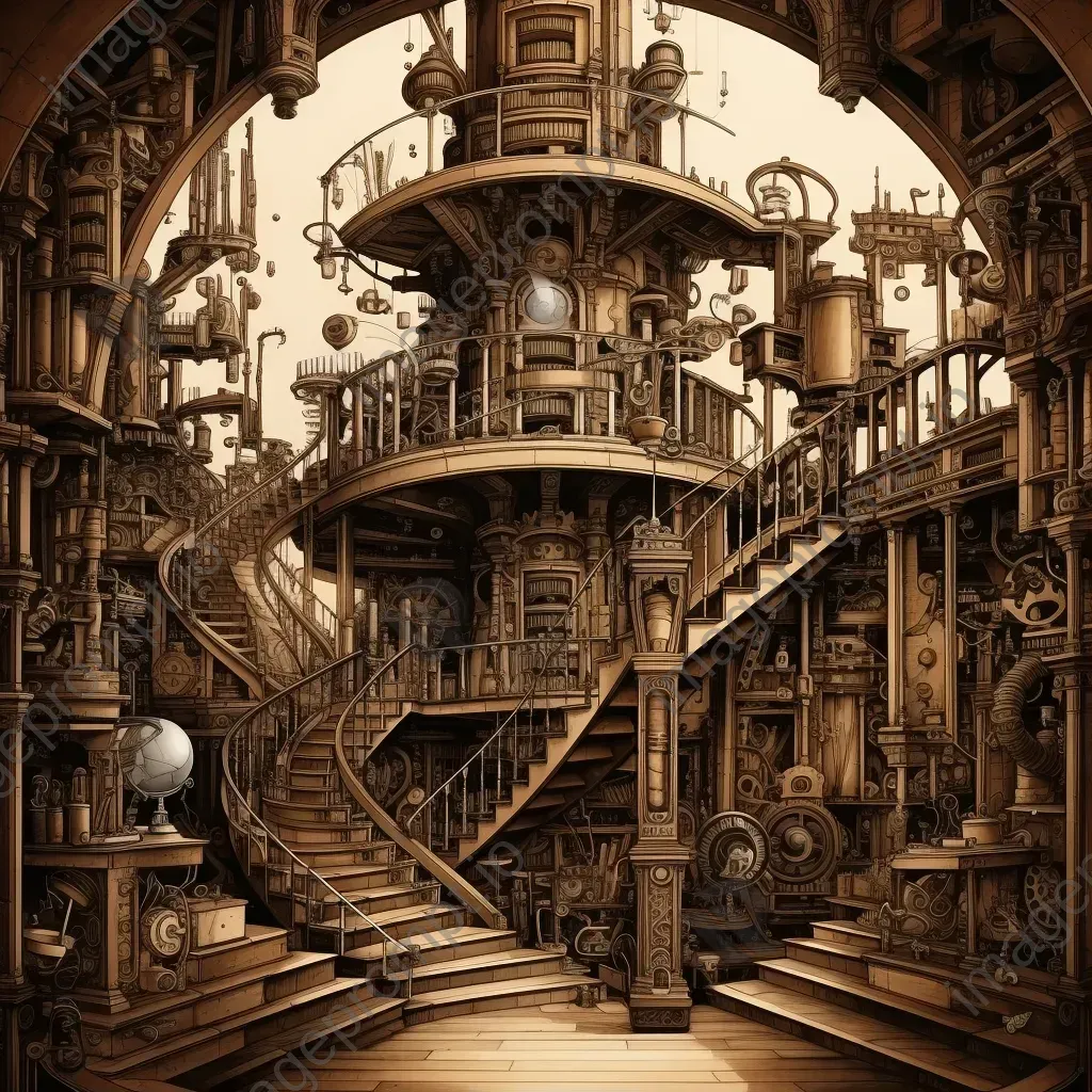 Classical library with hidden steampunk style inventions illustrated in sepia ink - Image 1