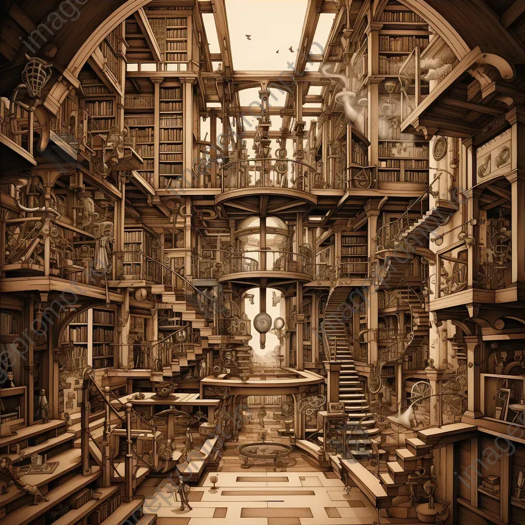 Classical library with hidden steampunk style inventions illustrated in sepia ink - Image 3