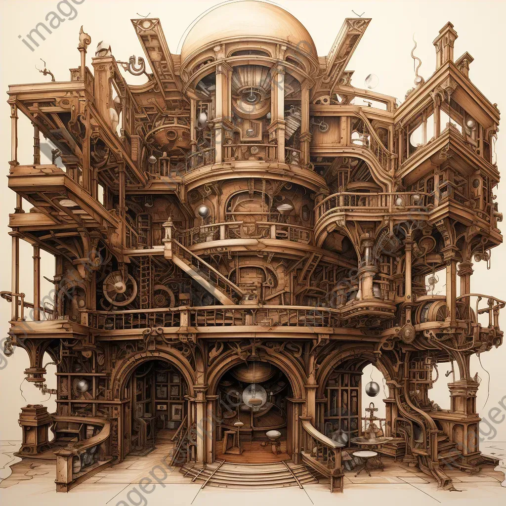 Classical library with hidden steampunk style inventions illustrated in sepia ink - Image 4