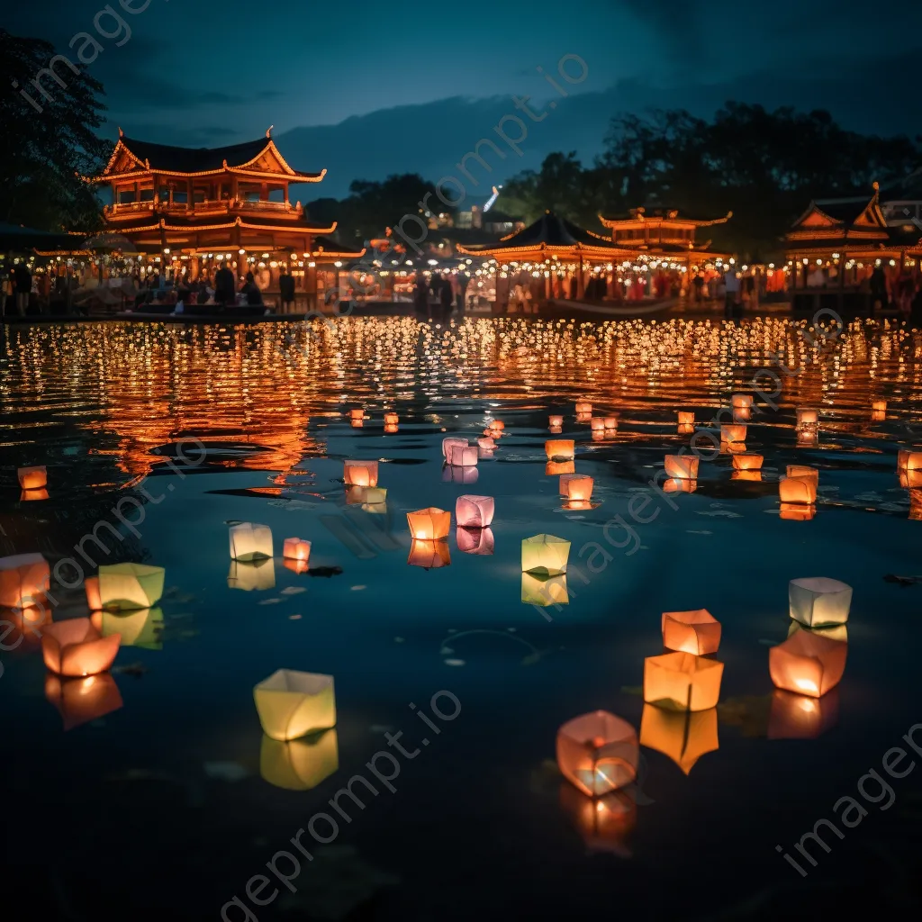 Glowing paper lanterns floating on a lake at night - Image 1