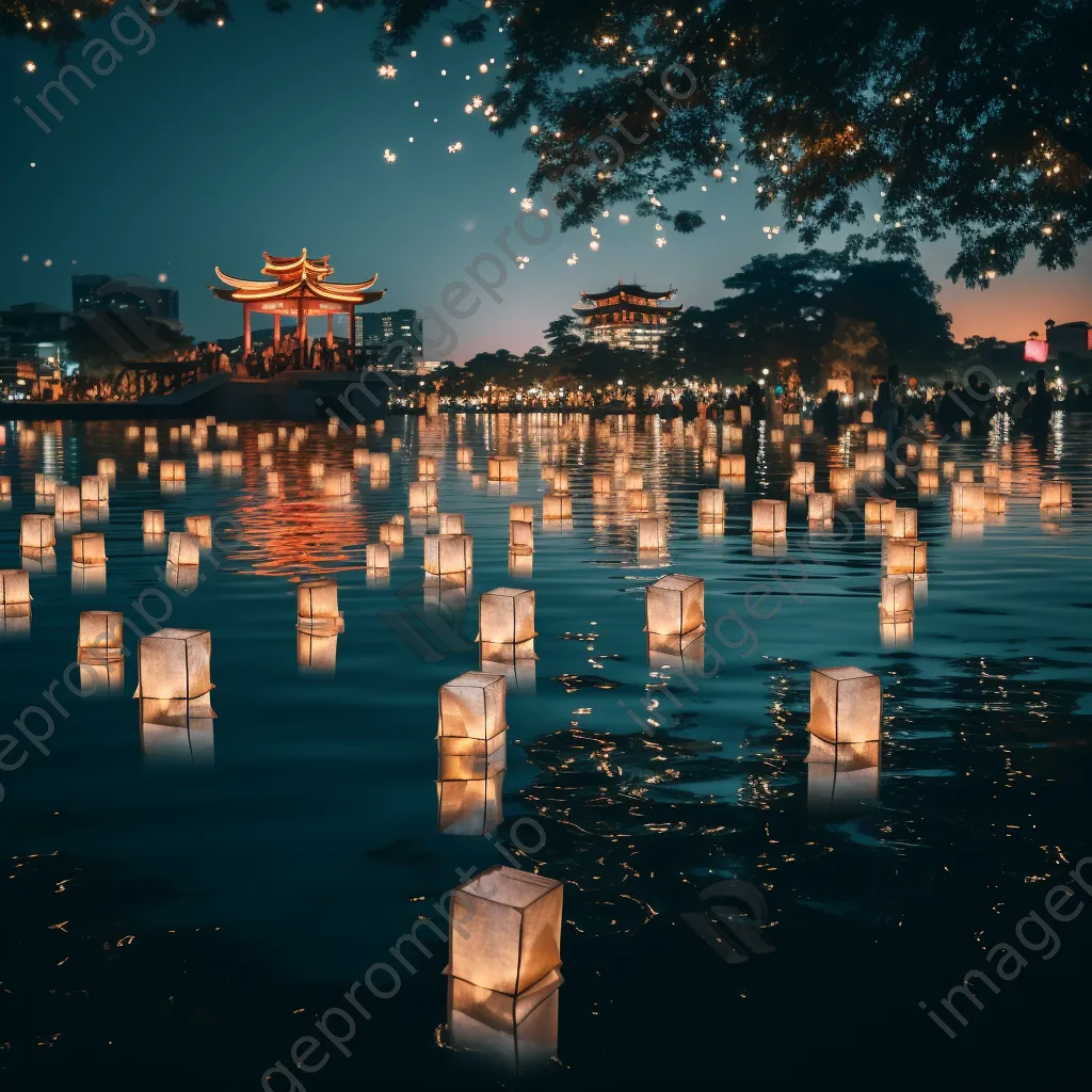 Glowing paper lanterns floating on a lake at night - Image 2