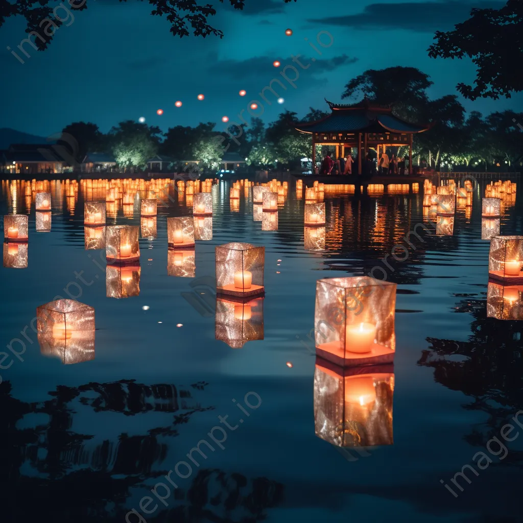 Glowing paper lanterns floating on a lake at night - Image 3