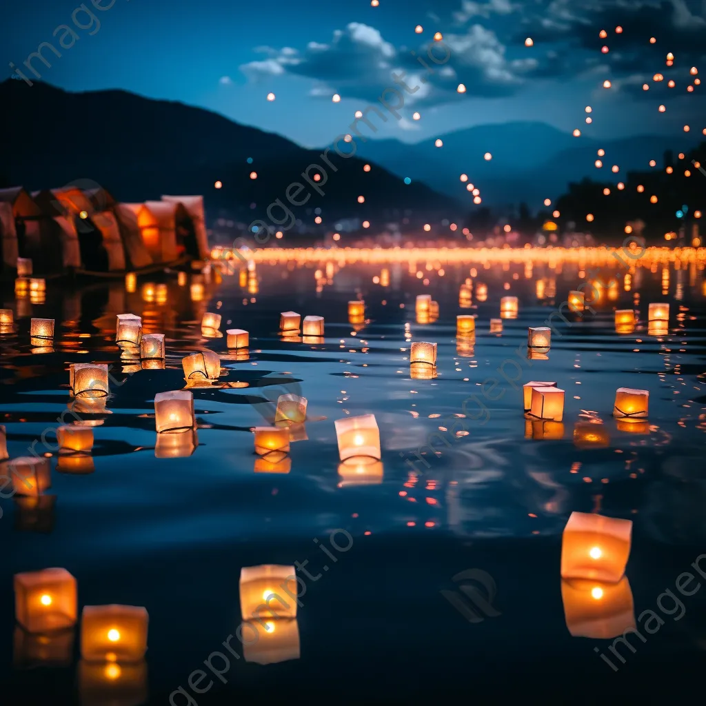 Glowing paper lanterns floating on a lake at night - Image 4