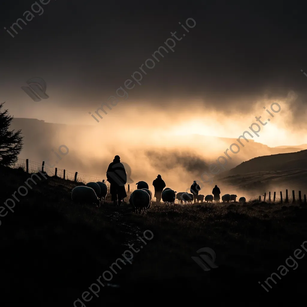 Silhouetted shepherds gathering sheep at twilight - Image 1